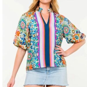NWT THML Multi-Color Floral Stripe V-Neck Women's Top